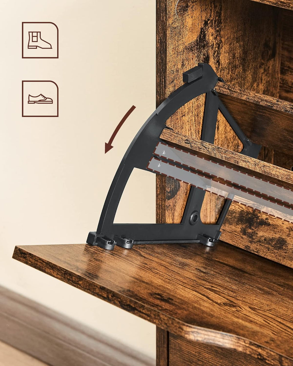 VASAGLE Dulap pantofi cu 2 usi flip, separator reglabil si detasabil, pentru 8-12 perechi, 24x60x102cm, maro rustic