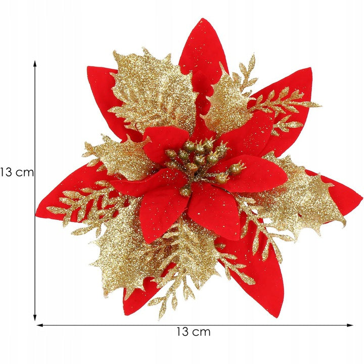 Set 10 ornamente pentru bradul de Craciun, stea Poinsettia, 14cm, rosu auriu
