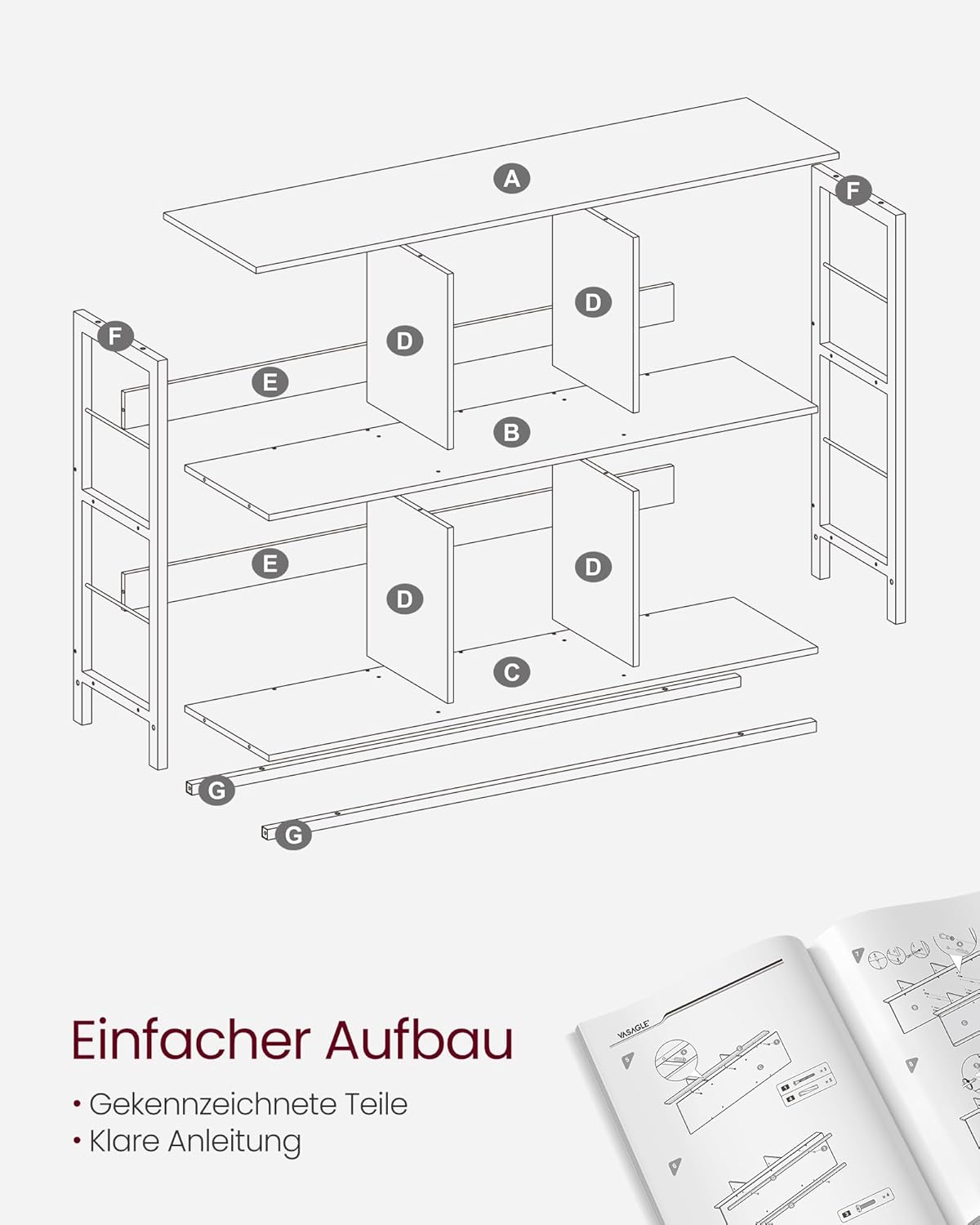 VASAGLE Biblioteca, raft cu 6 unitati de depozitare, din lemn, 33x120x80 cm, gri stejar