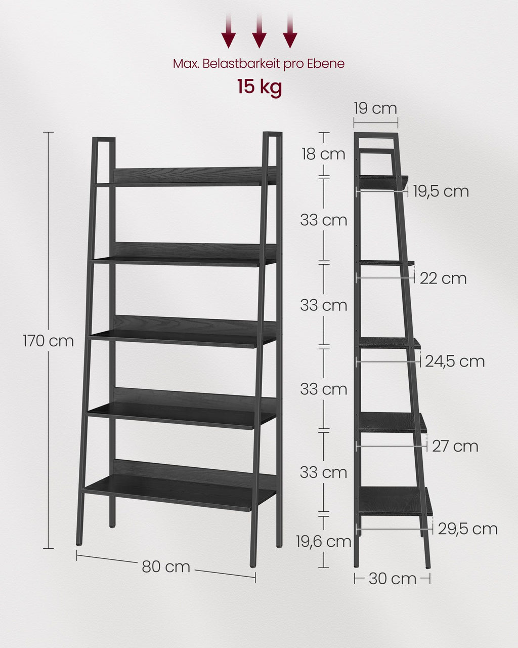 VASAGLE Biblioteca tip scara, cadru otel cu 5 polite, stil industrial, 80x30x170 cm, negru