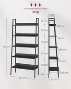 VASAGLE Biblioteca tip scara, cadru otel cu 5 polite, stil industrial, 80x30x170 cm, negru