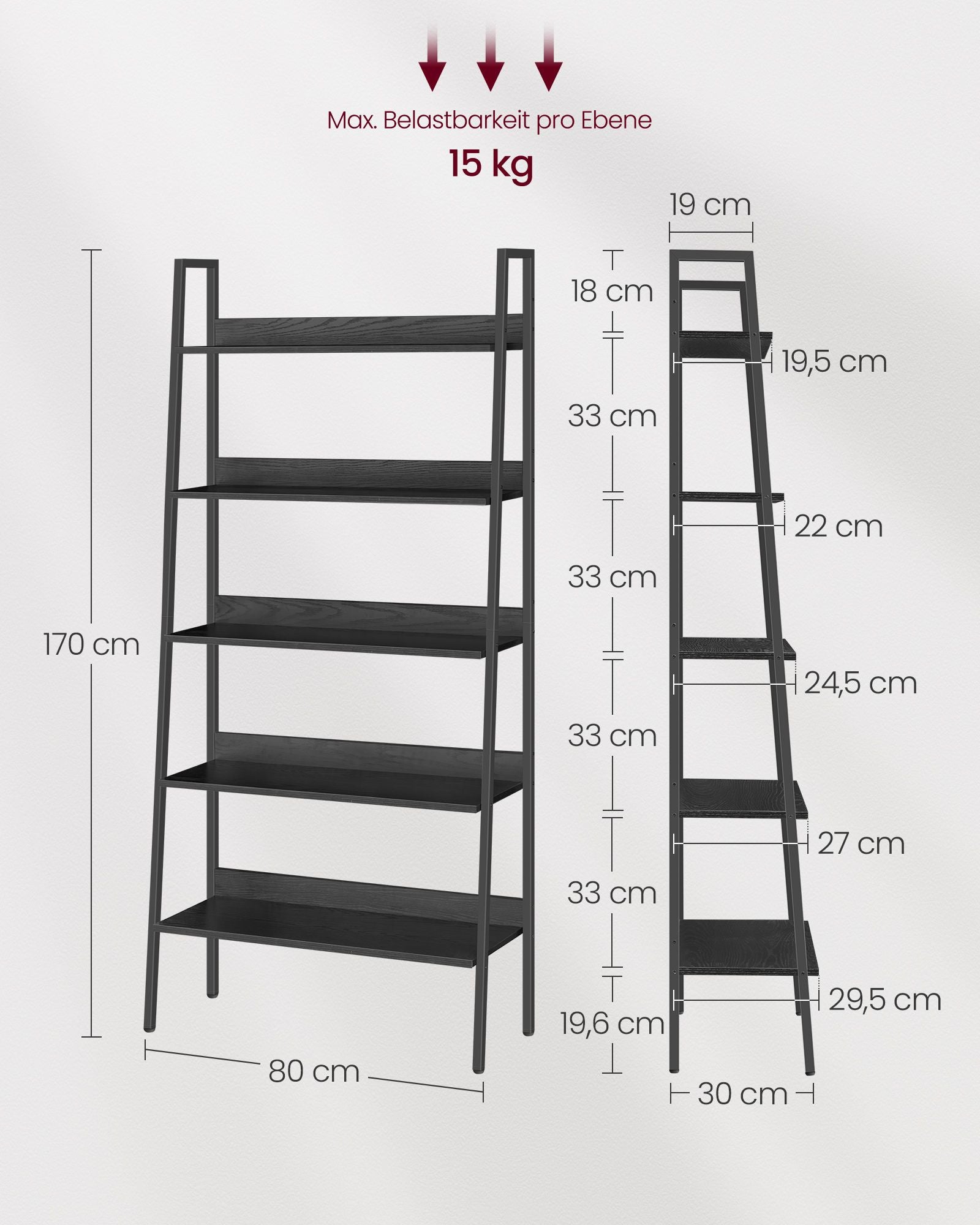 VASAGLE Biblioteca tip scara, cadru otel cu 5 polite, stil industrial, 80x30x170 cm, negru