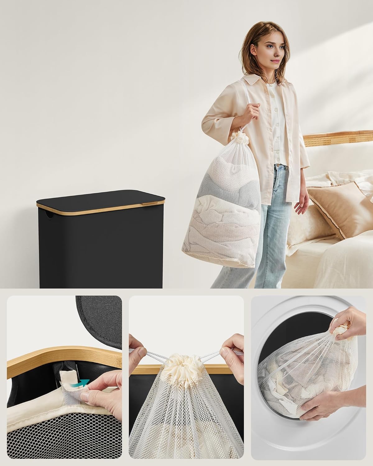 SONGMICS Cos de rufe textil, pliabil, cu 2 compartimente detasabile, 130L, 52x39x71 cm, negru