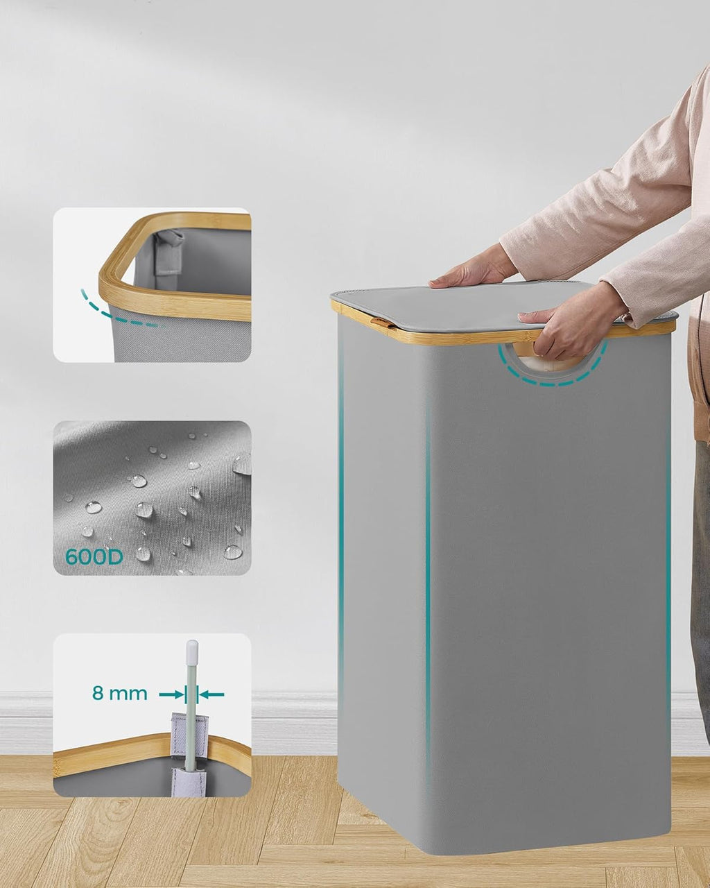 SONGMICS Cos de rufe textil, pliabil, cu 2 compartimente detasabile, 130L, 52x39x71 cm, gri