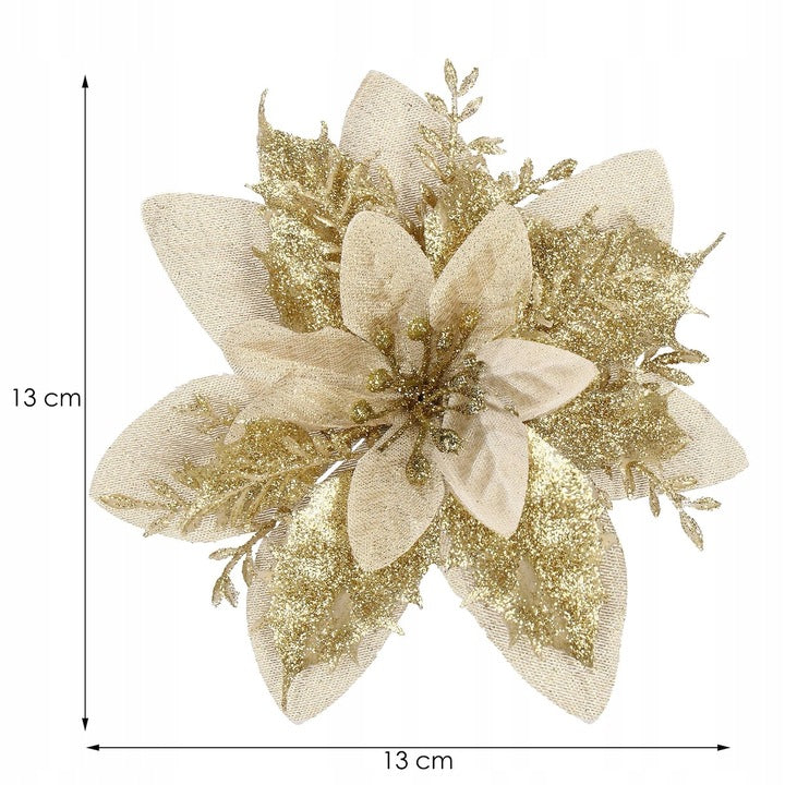Set 10 ornamente pentru bradul de Craciun, stea Poinsettia, 13cm, auriu crem