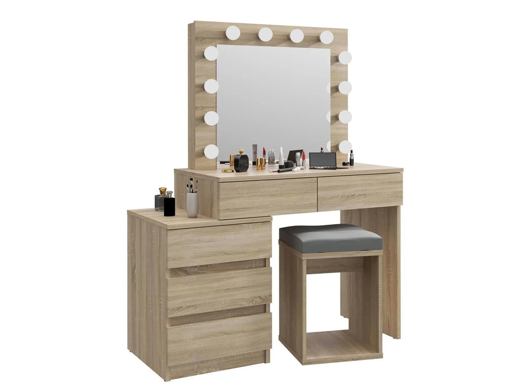 Masa de toaleta si machiaj Adele cu 5 sertare si oglinda 12 LED, 113x47x142 cm, sonoma
