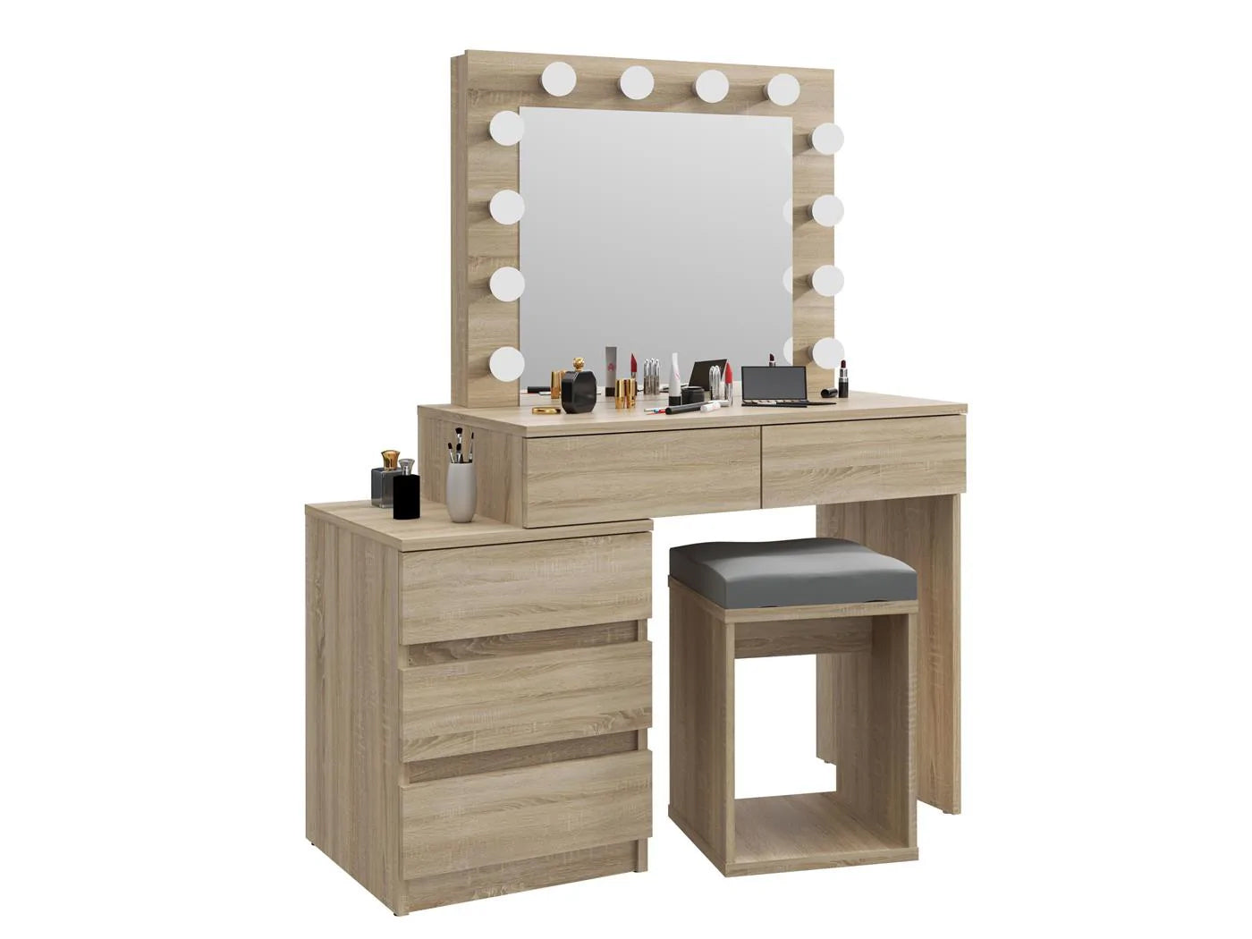 Masa de toaleta si machiaj Adele cu 5 sertare si oglinda 12 LED, 113x47x142 cm, sonoma