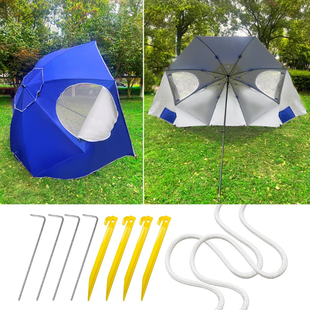 Umbrela plaja 3in1 215x205 cm, cu paravan lateral, fereastra si husa transport, material UV, albastru