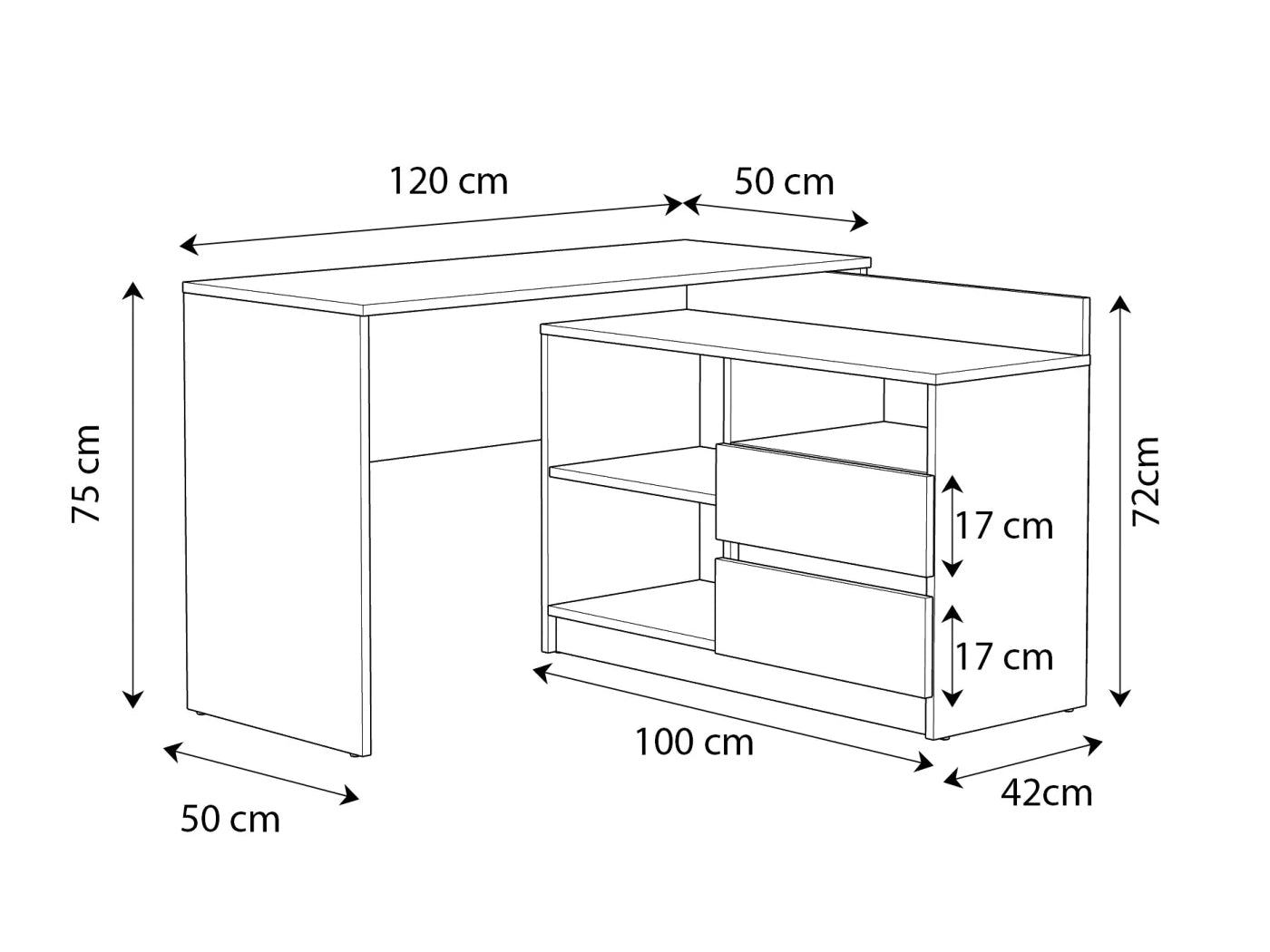 Birou colt Delta 120x50x75 cm cu comoda 100x42x72 cm, 2 sertare, montaj stanga/dreapta, alb