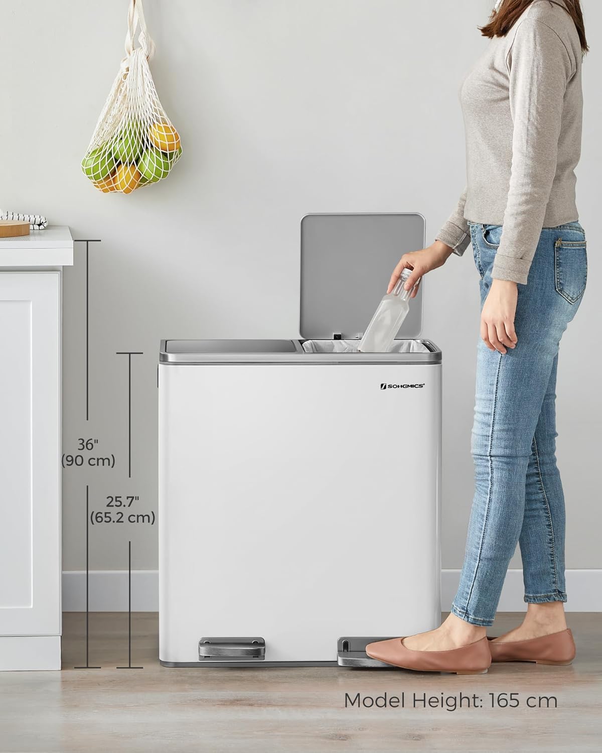 SONGMICS Cos gunoi dublu 59x32x65 cm, 2x30L, cu pedale si galeata detasabila, alb