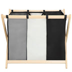 Cos de rufe cu 3 compartimente, cadru din lemn, 67x43x55 cm, 105 litri