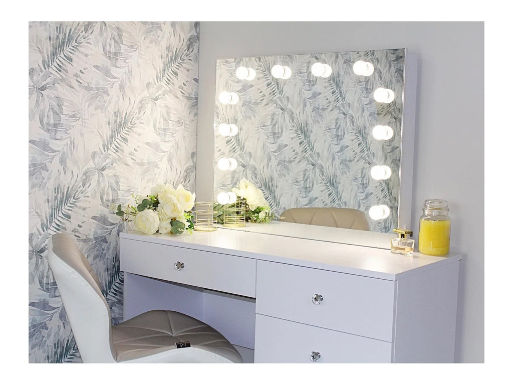 Masa de toaleta si machiaj Cristal Full cu oglinda LED si 5 sertare, 110x47x77 cm, alb