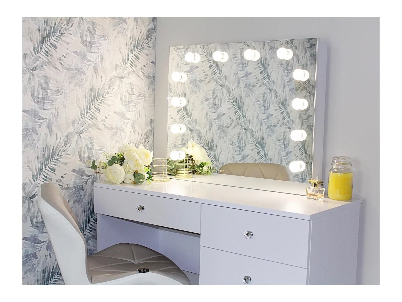 Masa de toaleta si machiaj Cristal Full cu oglinda LED si 5 sertare, 110x47x77 cm, alb