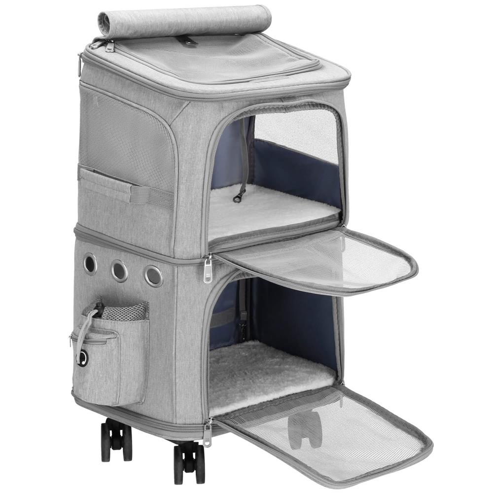 Carucior tip troller pentru transport animale, dublu cu 2 compartimente separate, maxim 22 kg, 55x34x26 cm, gri