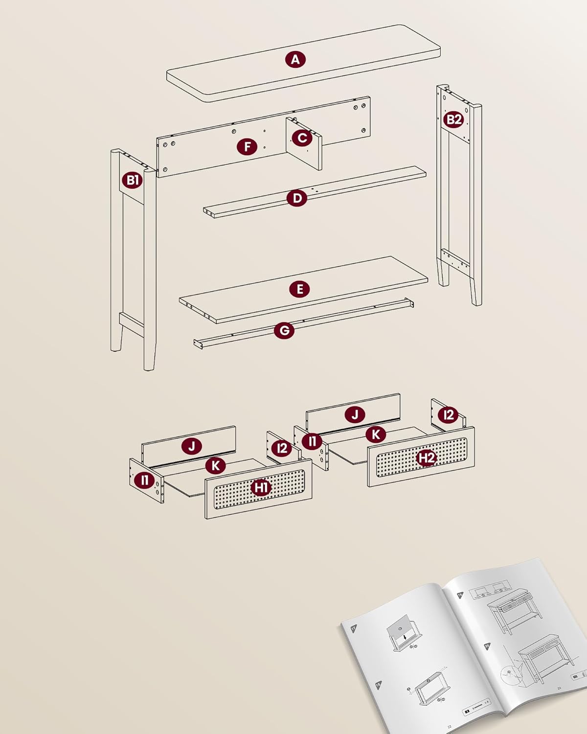 VASAGLE Consola hol 100x30x80 cm, 2 sertare, raft deschis, colturi rotunjite, stil boho, MDF si ratan PVC, bej stejar