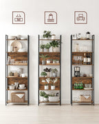 VASAGLE Biblioteca 60x24x186 cm, 6 rafturi, stil industrial, PAL si otel, maro rustic-negru