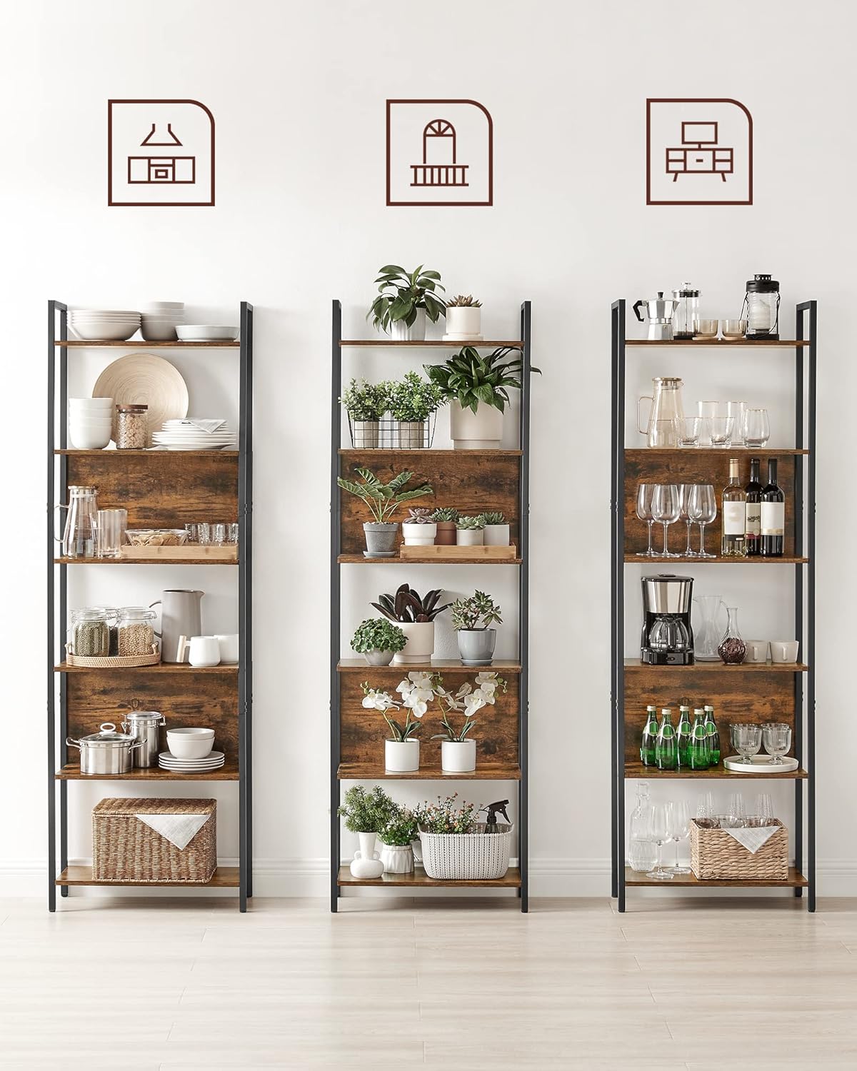 VASAGLE Biblioteca 60x24x186 cm, 6 rafturi, stil industrial, PAL si otel, maro rustic-negru