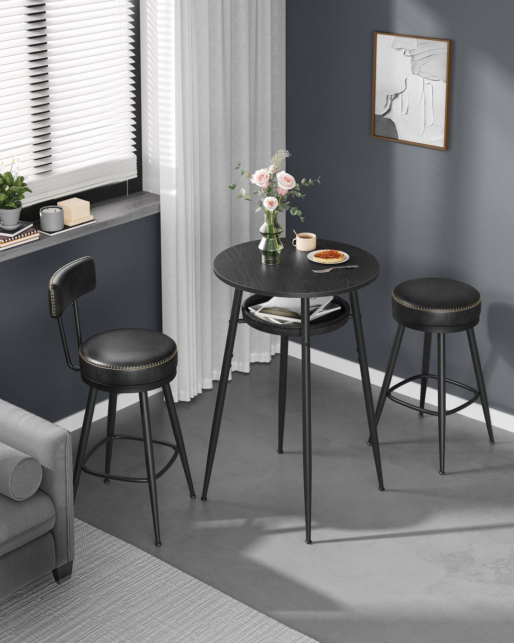 VASAGLE Masa de bar neagra, 70x70x91 cm – design elegant cu piele artificiala, blat 60 cm, stabila si usor de asamblat