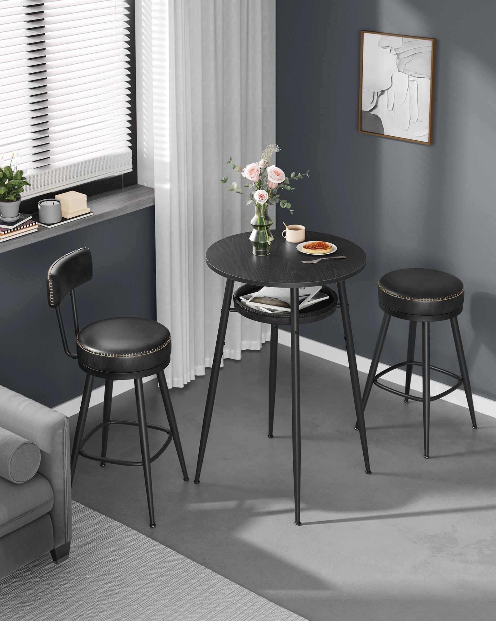 VASAGLE Masa de bar neagra, 70x70x91 cm – design elegant cu piele artificiala, blat 60 cm, stabila si usor de asamblat