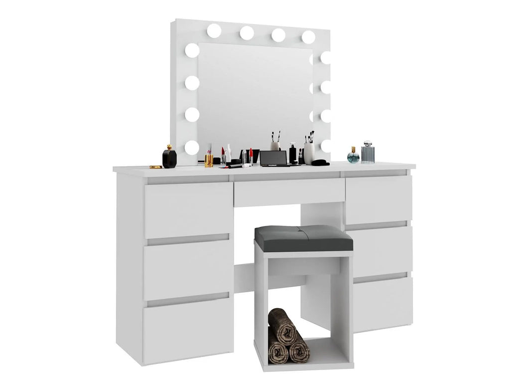 Masa de toaleta si machiaj cu oglinda LED si 7 sertare, 120x43x140 cm, alb