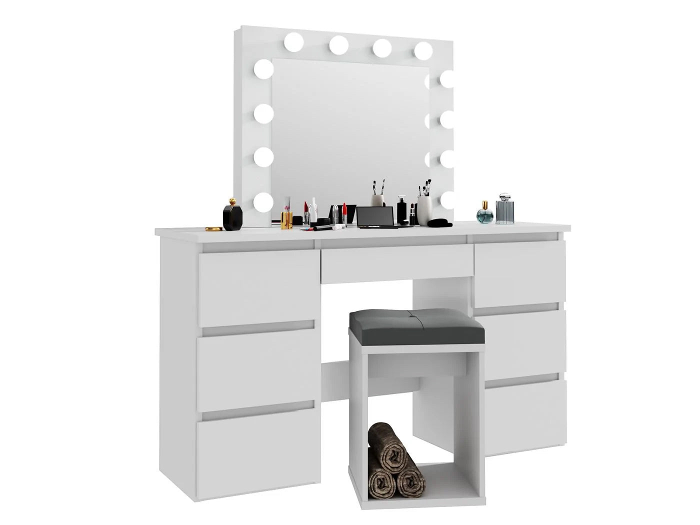 Masa de toaleta si machiaj cu oglinda LED si 7 sertare, 120x43x140 cm, alb