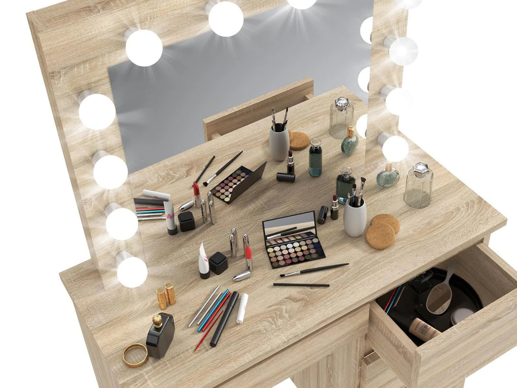 Masa de toaleta si machiaj Hollywood cu oglinda LED si 4 sertare, 94x43x140 cm, stejar