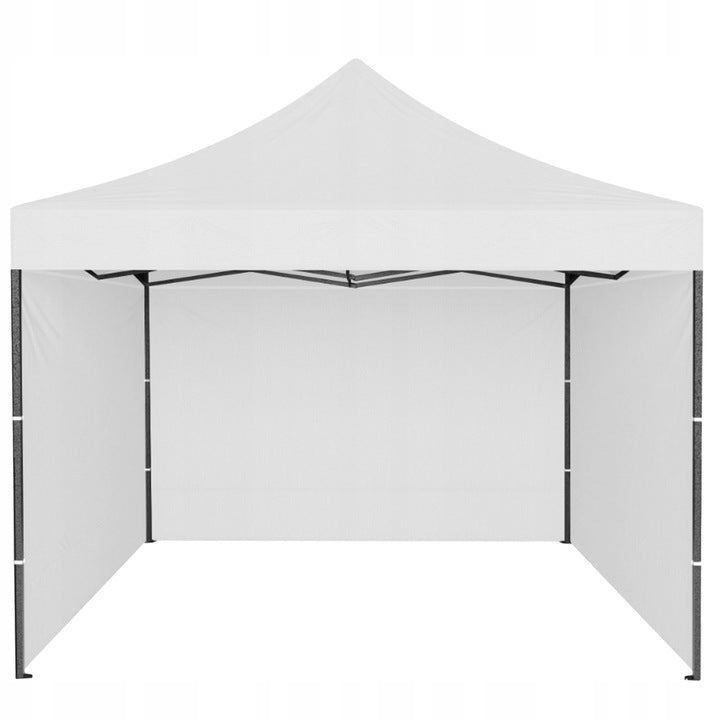 Cort tip pavilion cu 3 pereti laterali, structura solida otel si acoperis impermeabil PVC, 3x3 m cu inaltime reglabila, alb