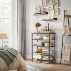 VASAGLE Suport pantofi 75x30x91 cm, 5 niveluri, rafturi textile si blat PAL, cadru metalic, maro rustic si negru