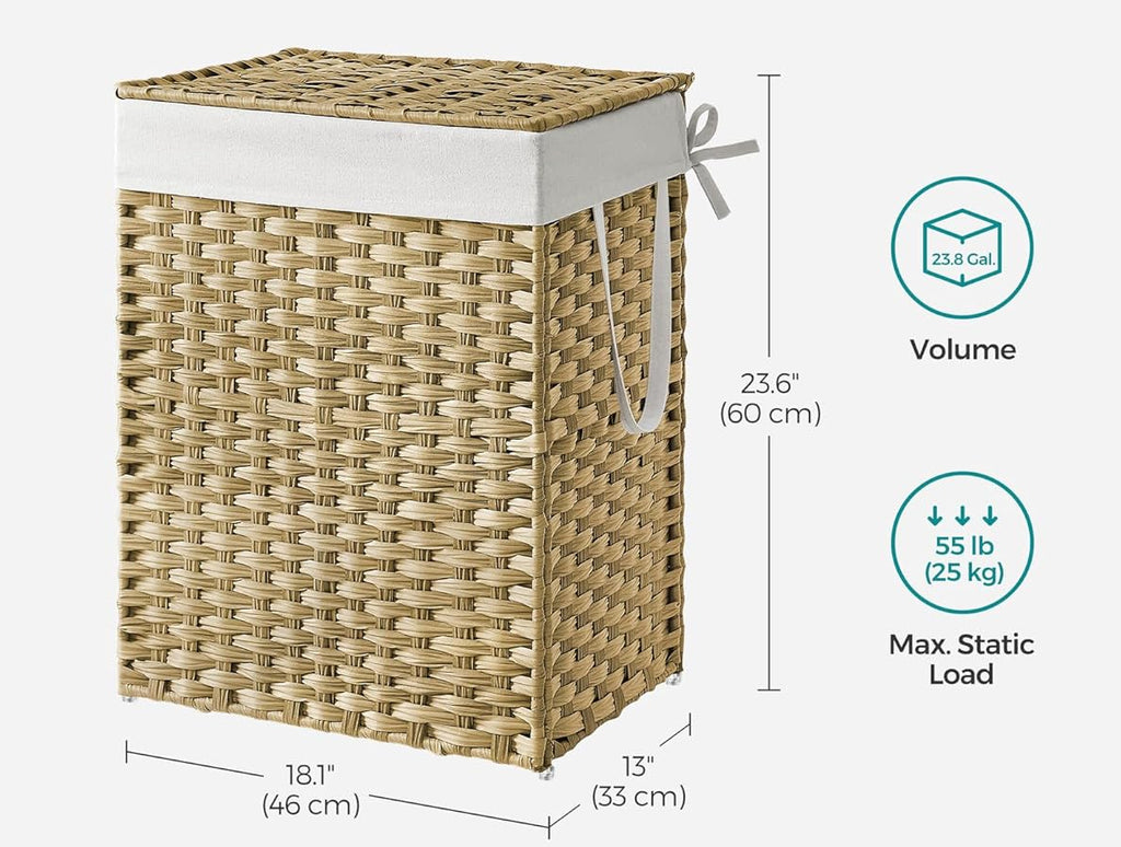 SONGMICS Cos rufe cu capac, ratan sintetic si sac detasabil, 90 L, 46x33x60 cm, natur