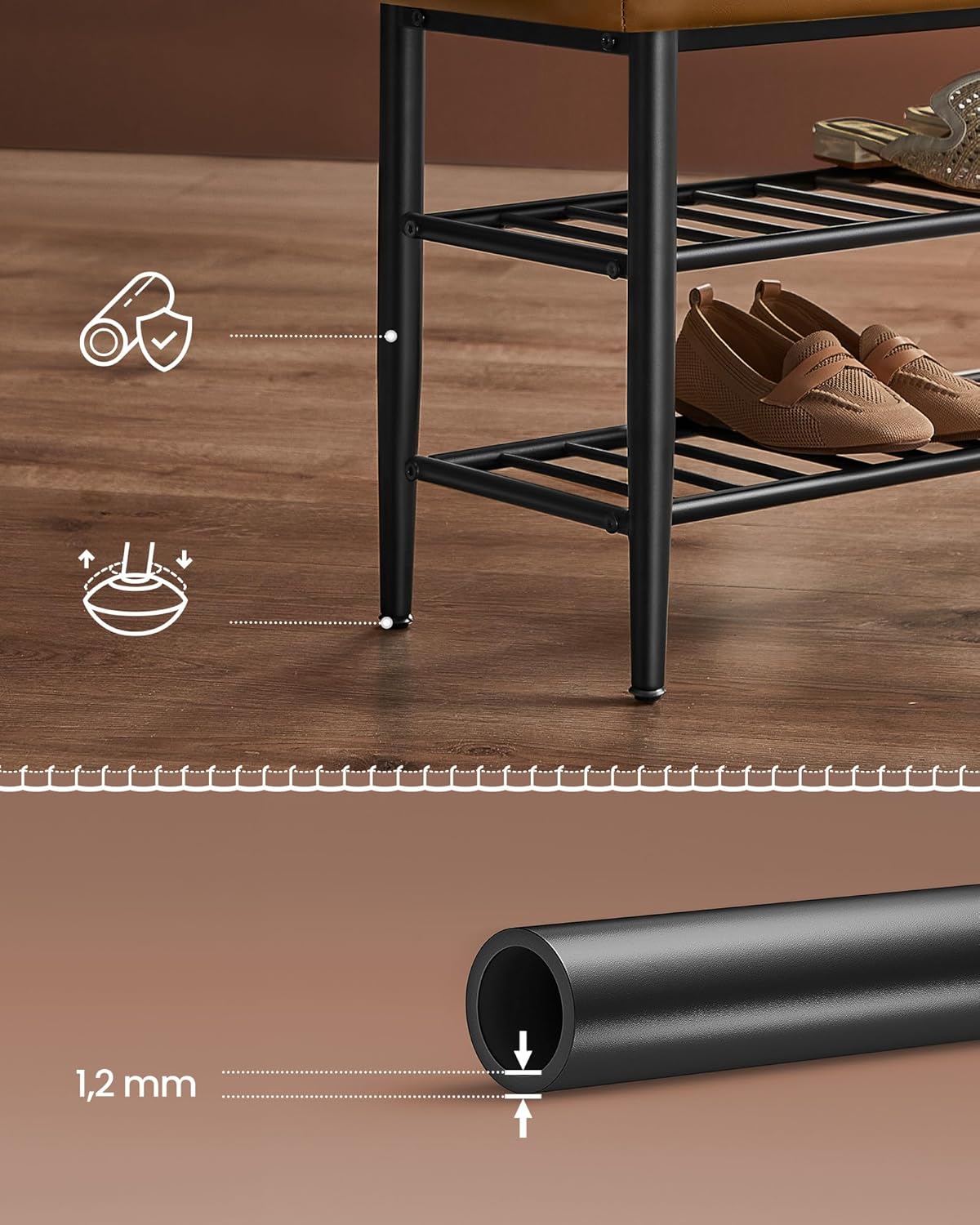 VASAGLE Banca pantofi 80x30x50 cm, cu rafturi si sezut tapitat, otel si piele PU, maro caramel