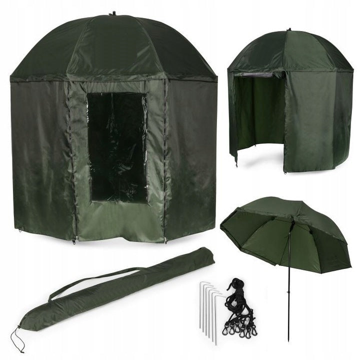 Umbrela pescuit 200x220 cm, inchidere completa cu perete detasabil, reglabil, otel si Oxford impermeabil, verde