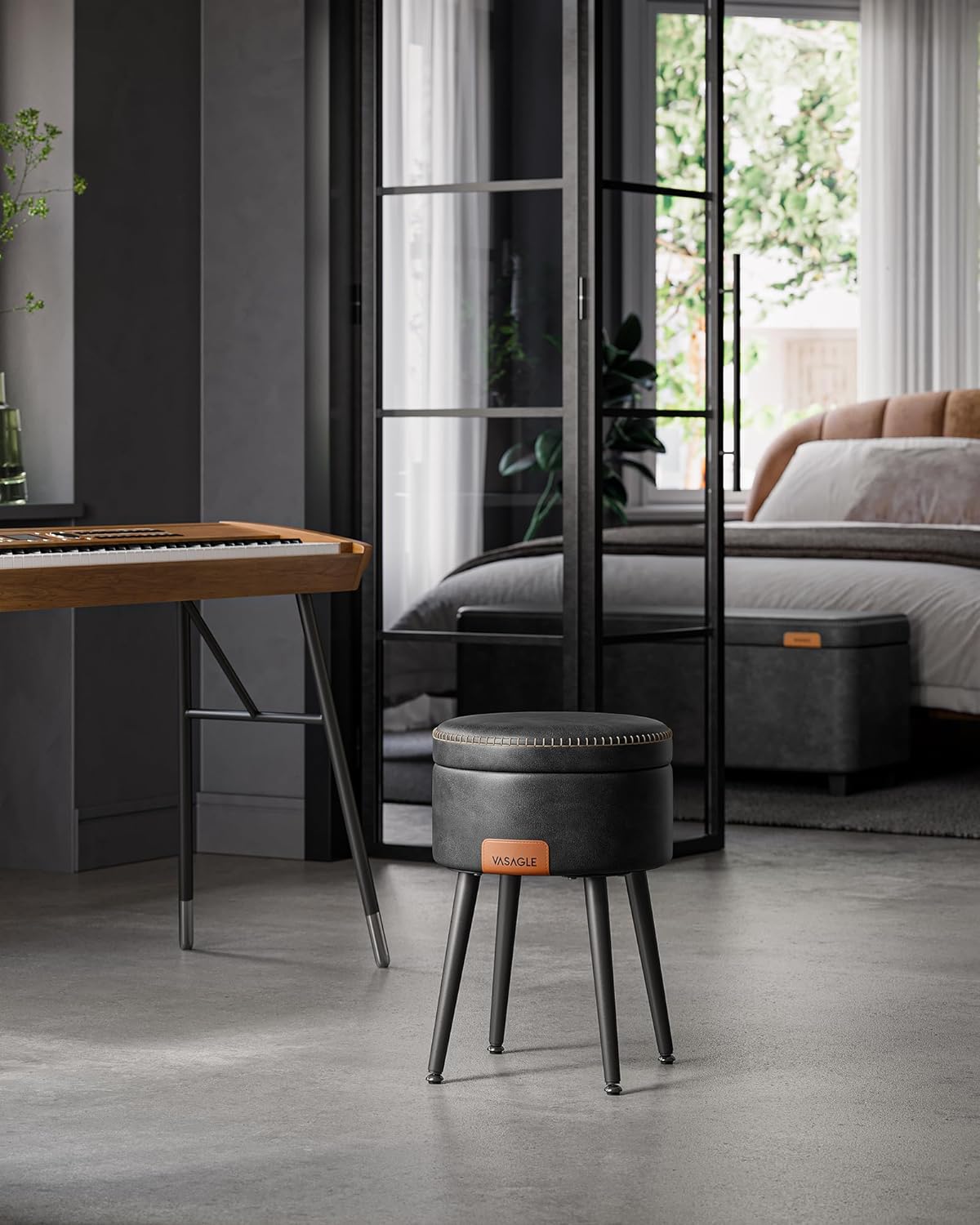 VASAGLE Taburet cu spatiu de depozitare, tapitat PU, cu 2 fete, diametru 32 cm, negru