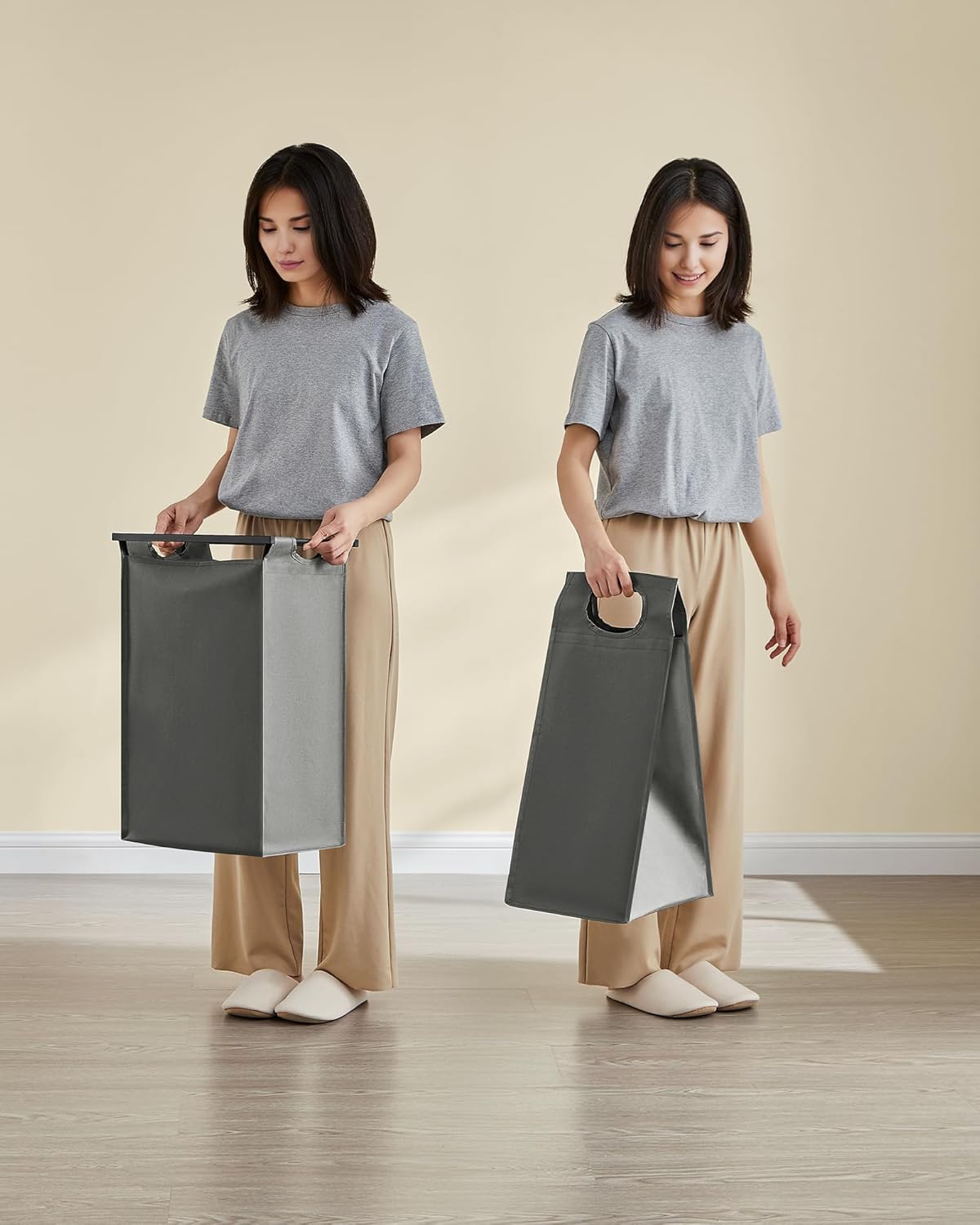 VASAGLE Cos rufe 4x40L, saci detasabili, raft superior si cadru metalic, 116x33x72 cm, negru si gri