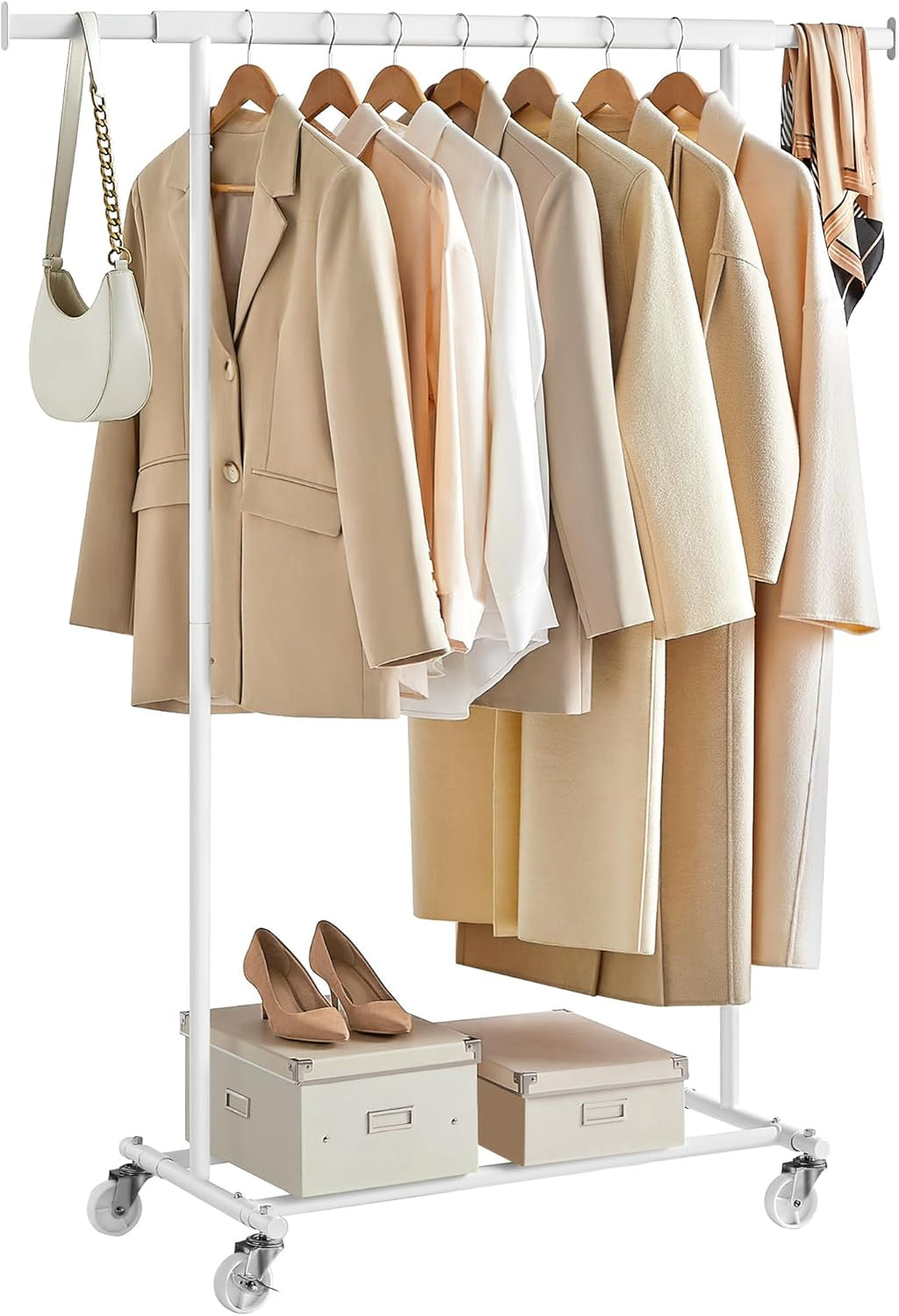 SONGMICS Suport pentru haine cu sina superioara extensibila, pe roti, reglabil pe latime, 45x(92-132)x160cm, alb
