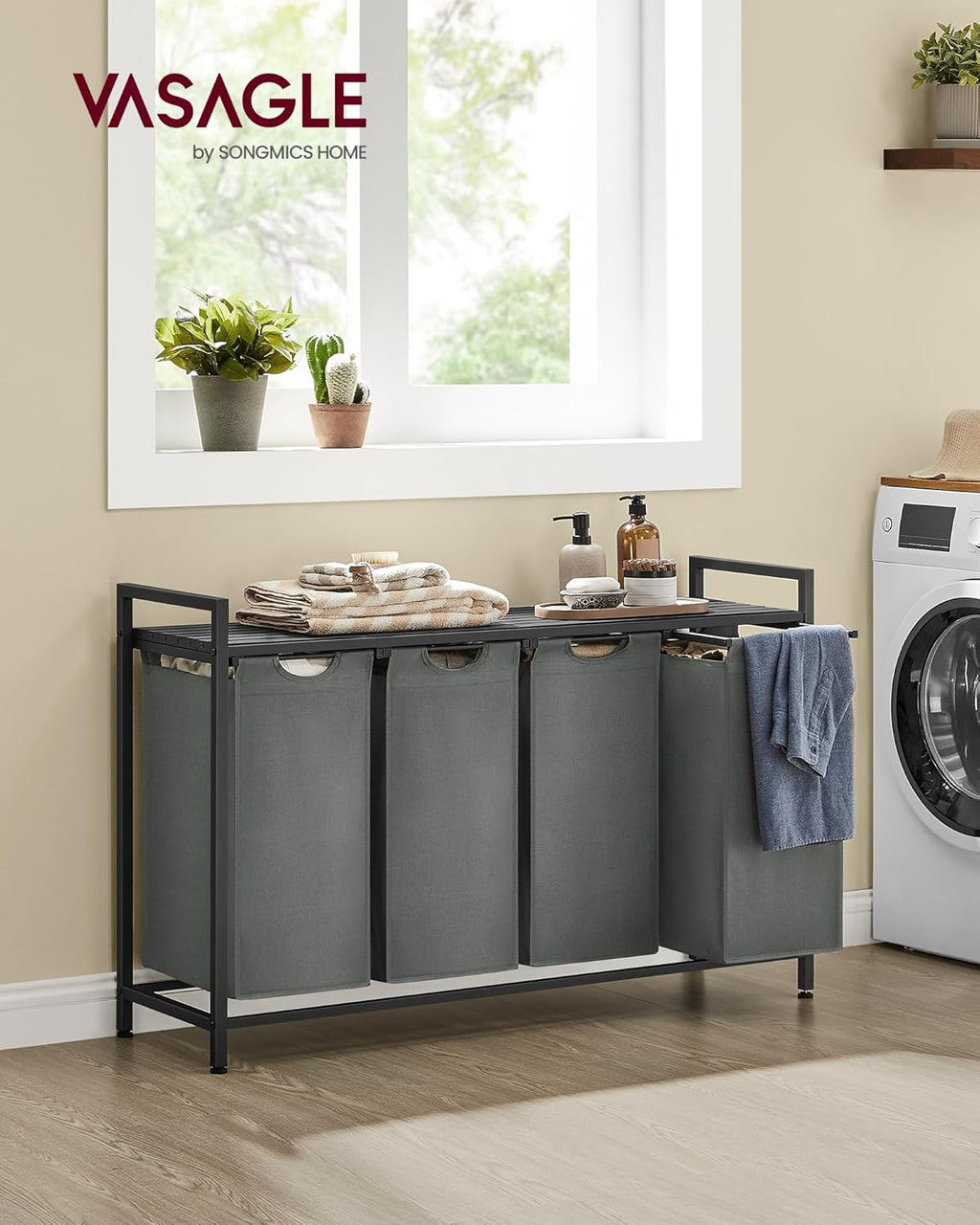 VASAGLE Cos rufe 4x40L, saci detasabili, raft superior si cadru metalic, 116x33x72 cm, negru si gri