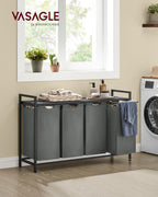 VASAGLE Cos rufe 4x40L, saci detasabili, raft superior si cadru metalic, 116x33x72 cm, negru si gri