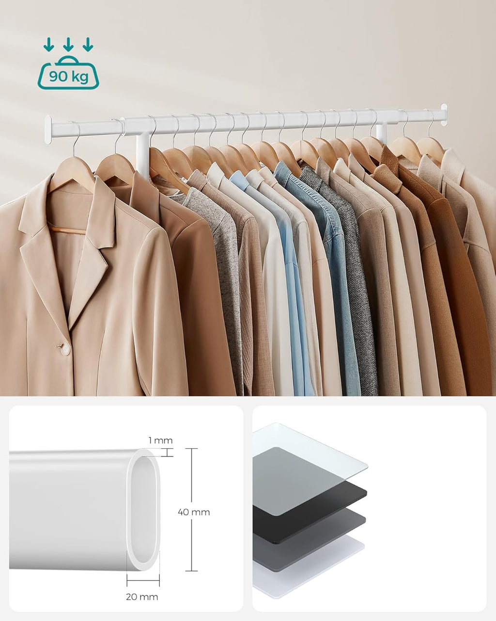 SONGMICS Suport pentru haine cu sina superioara extensibila, pe roti, reglabil pe latime, 45x(92-132)x160cm, alb