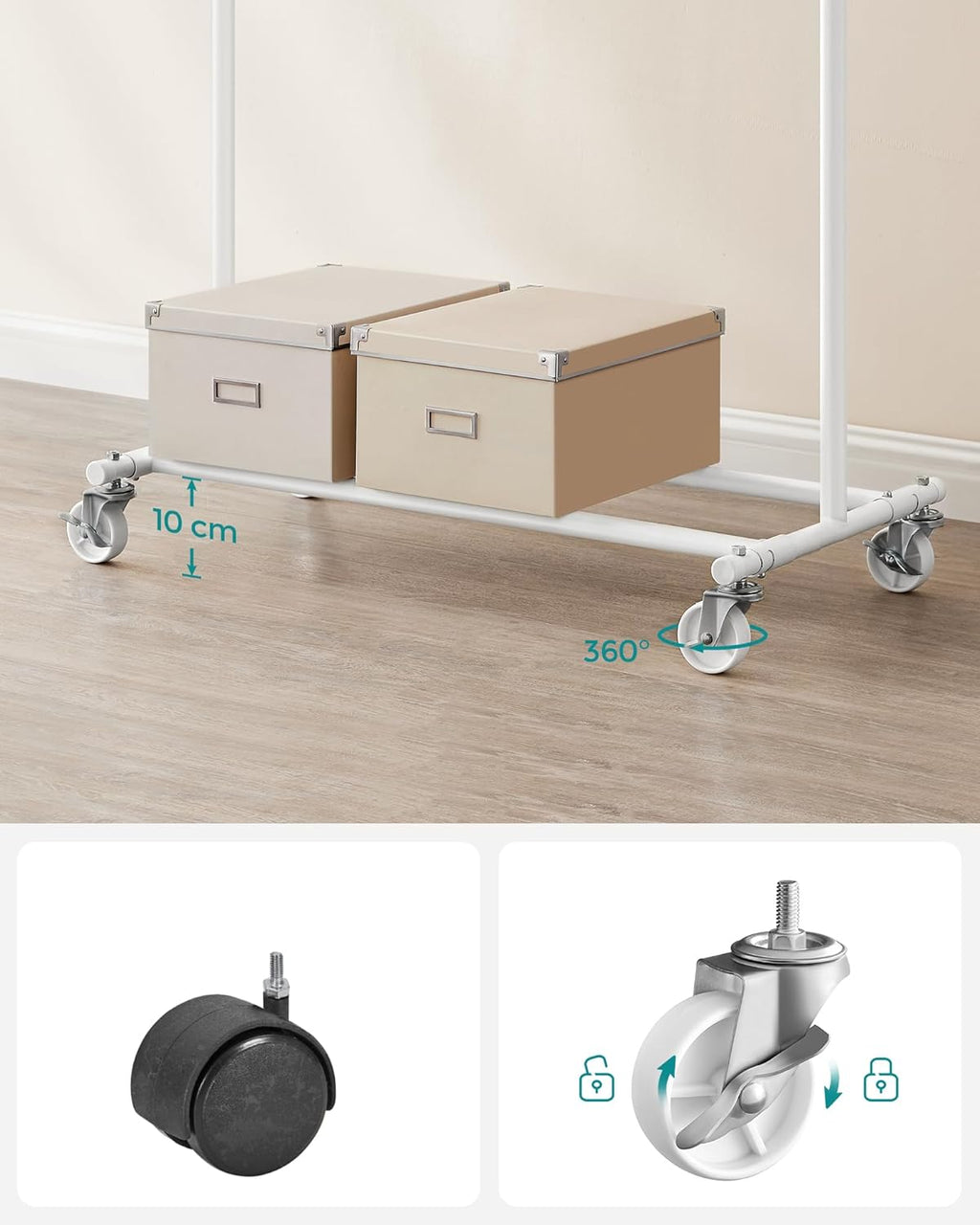 SONGMICS Suport pentru haine cu sina superioara extensibila, pe roti, reglabil pe latime, 45x(92-132)x160cm, alb