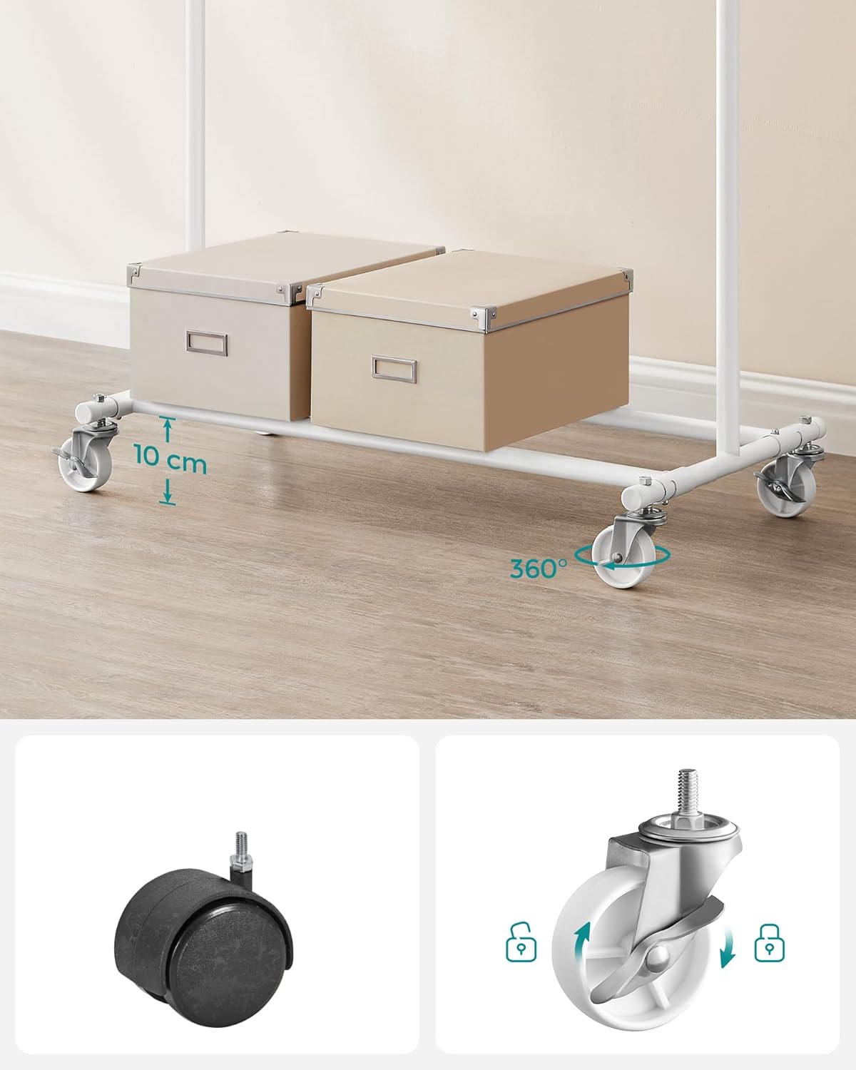 SONGMICS Suport pentru haine cu sina superioara extensibila, pe roti, reglabil pe latime, 45x(92-132)x160cm, alb