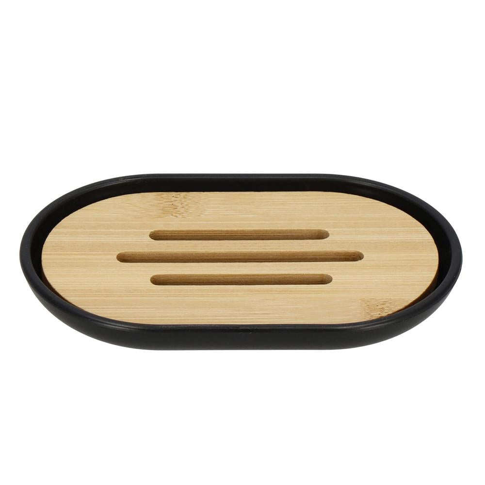 Set de accesorii rotunde pentru baie din plastic cu elemente bambus, 6 piese, negru