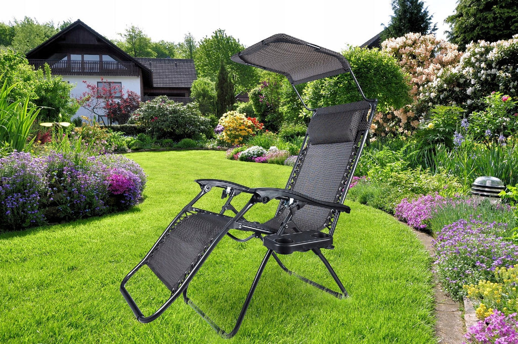 Sezlong pliabil cu parasolar si tetiera, reglabil in 2 pozitii, suport pahare, 174cm, gri