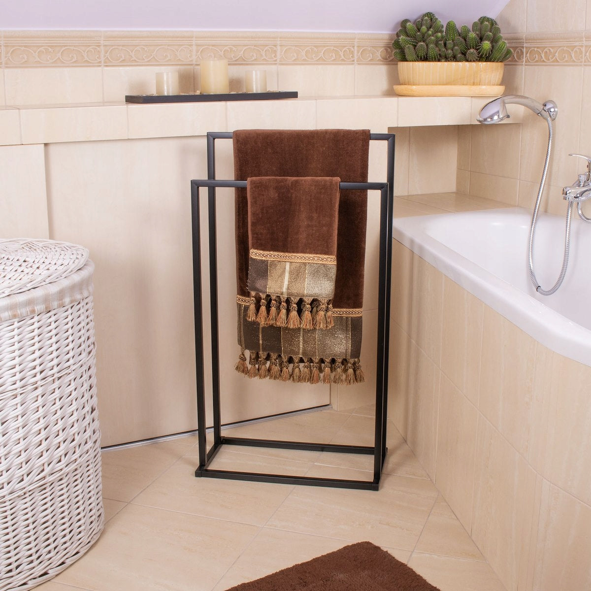 Suport metalic de baie pentru prosoape, cu 2 standuri, 84 cm, negru