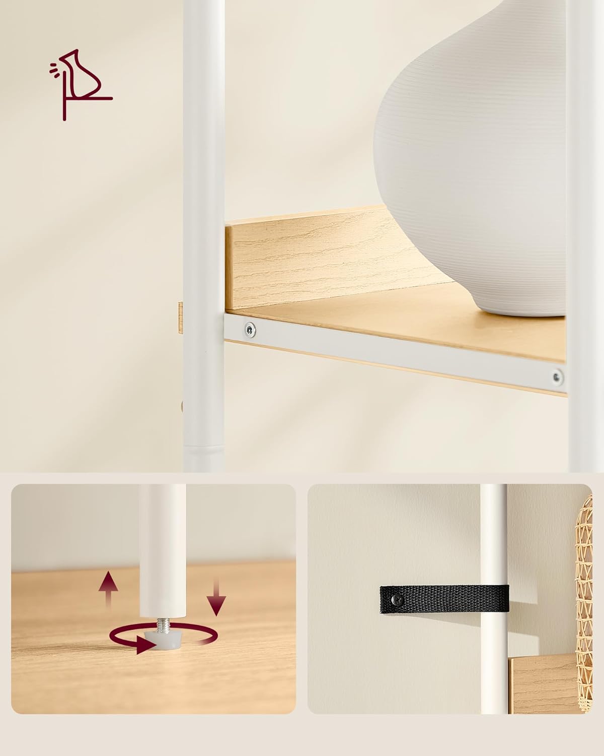 VASAGLE Biblioteca cu 6 etaje, cadru metalic, usa cu efect ratan Boho, 30x40x175 cm, alb si bej