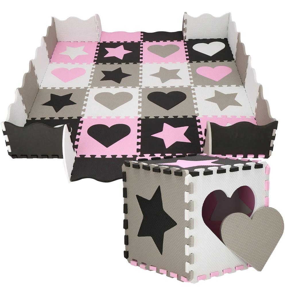 Covor din spuma pentru copii, tip puzzle forme, 52 piese, termoizolant, 150x150 cm, gri roz