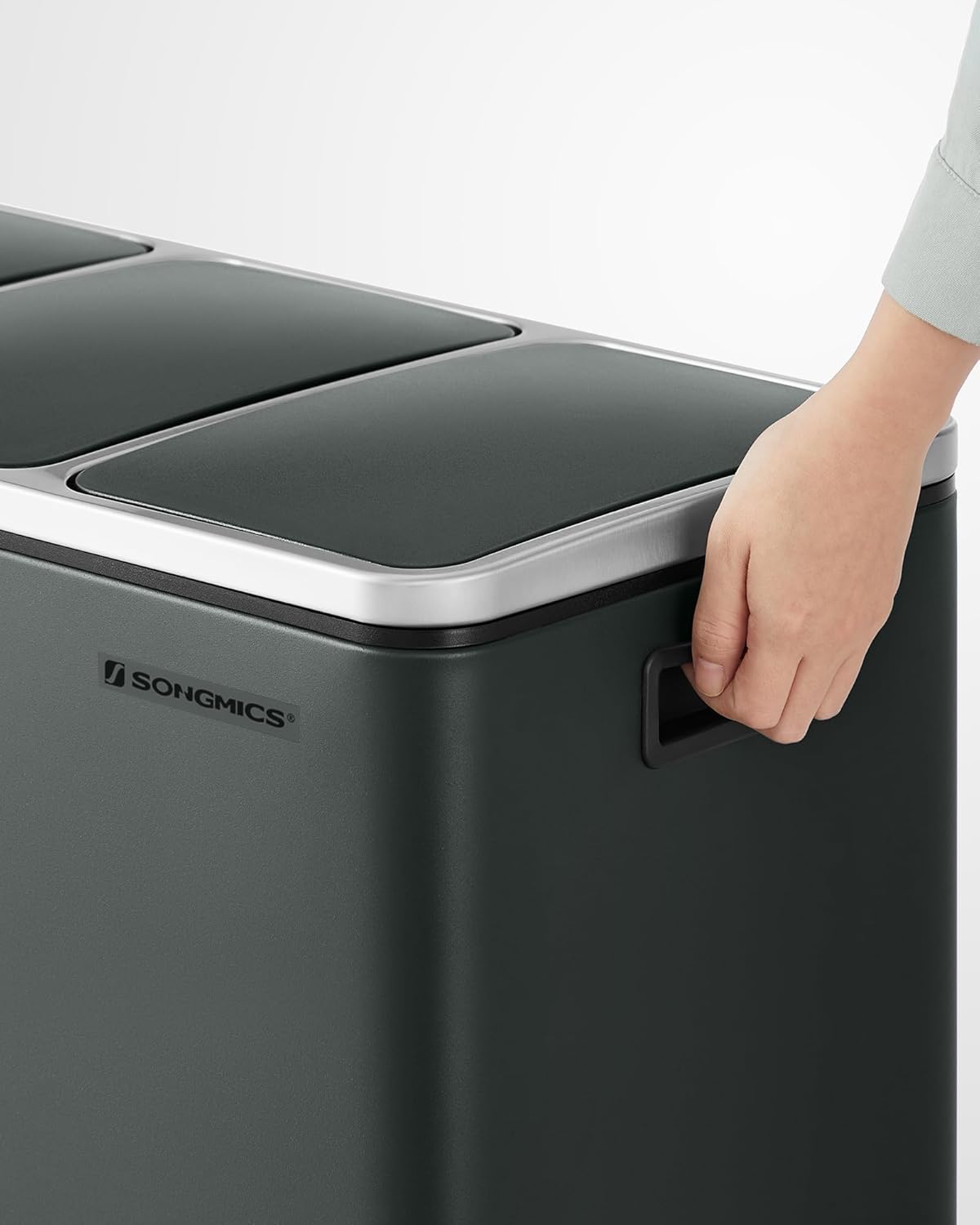 SONGMICS Cos de gunoi din inox cu 3 compartimente colectare selectiva, cu galeti interioare, 3x18litri, gri inchis