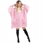 Patura tip hanorac, cu maneci, gluga si buzunare, material plus, marime universala, roz