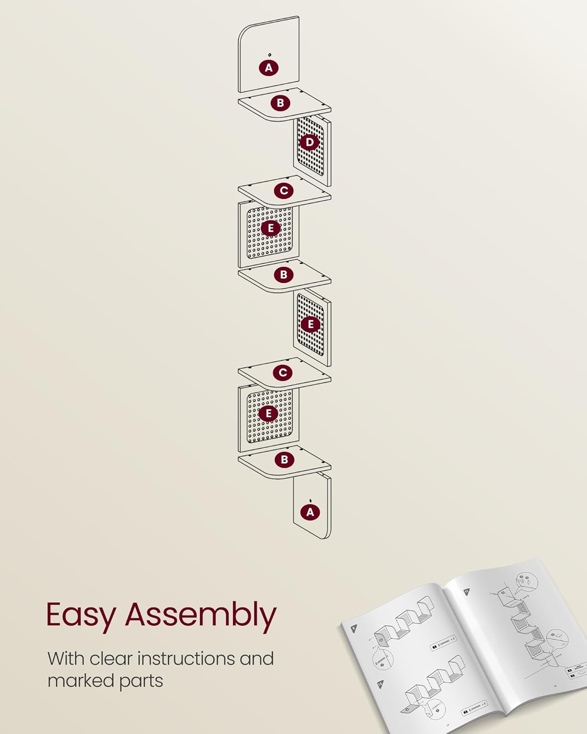 VASAGLE Raft de colt plutitor pe 5 niveluri, stil boho, 20x20x126 cm, bej