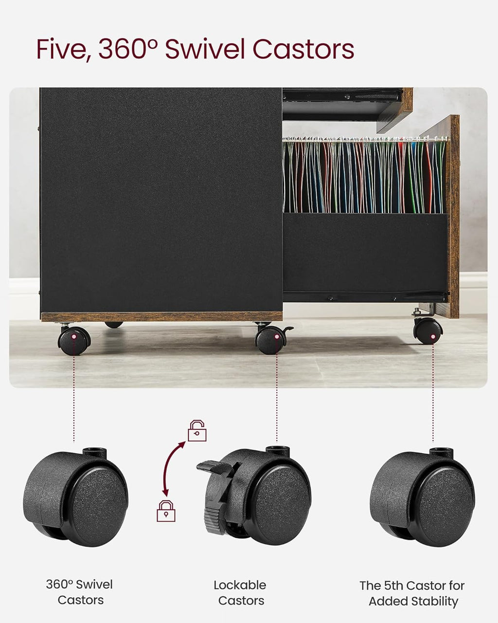 VASAGLE Dulap mobil tip rollbox pentru birouri, sertar cu sina suport dosare, stil industrial, 40x80x66 cm, maro rustic