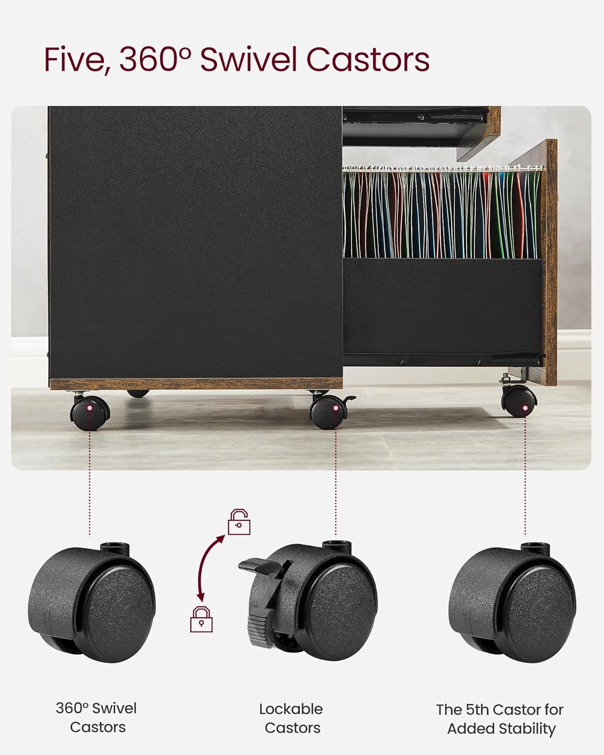 VASAGLE Dulap mobil tip rollbox pentru birouri, sertar cu sina suport dosare, stil industrial, 40x80x66 cm, maro rustic