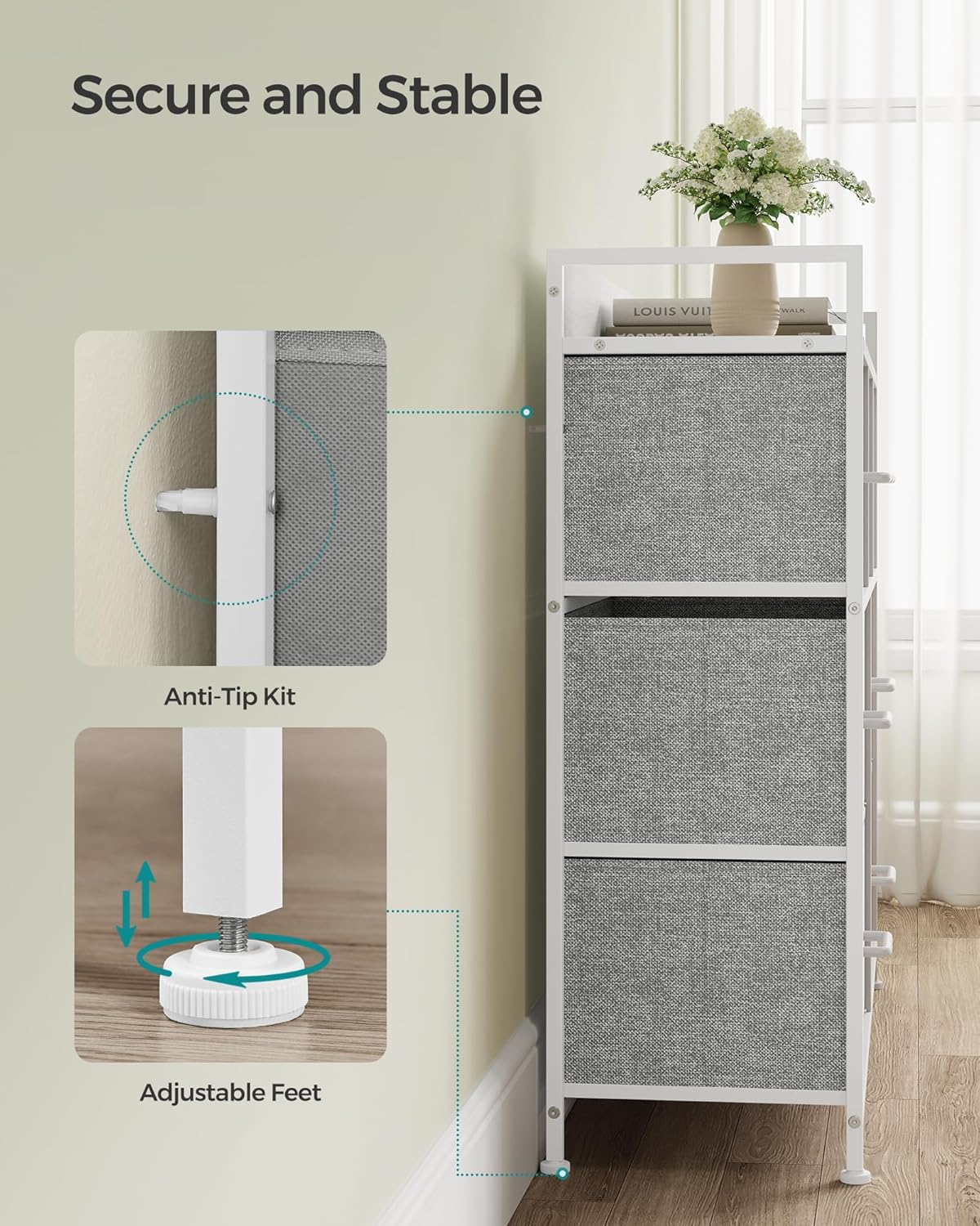 SONGMICS Comoda cu cadru metalic si 7 sertare din stofa, 29x98x85 cm , gri si alb